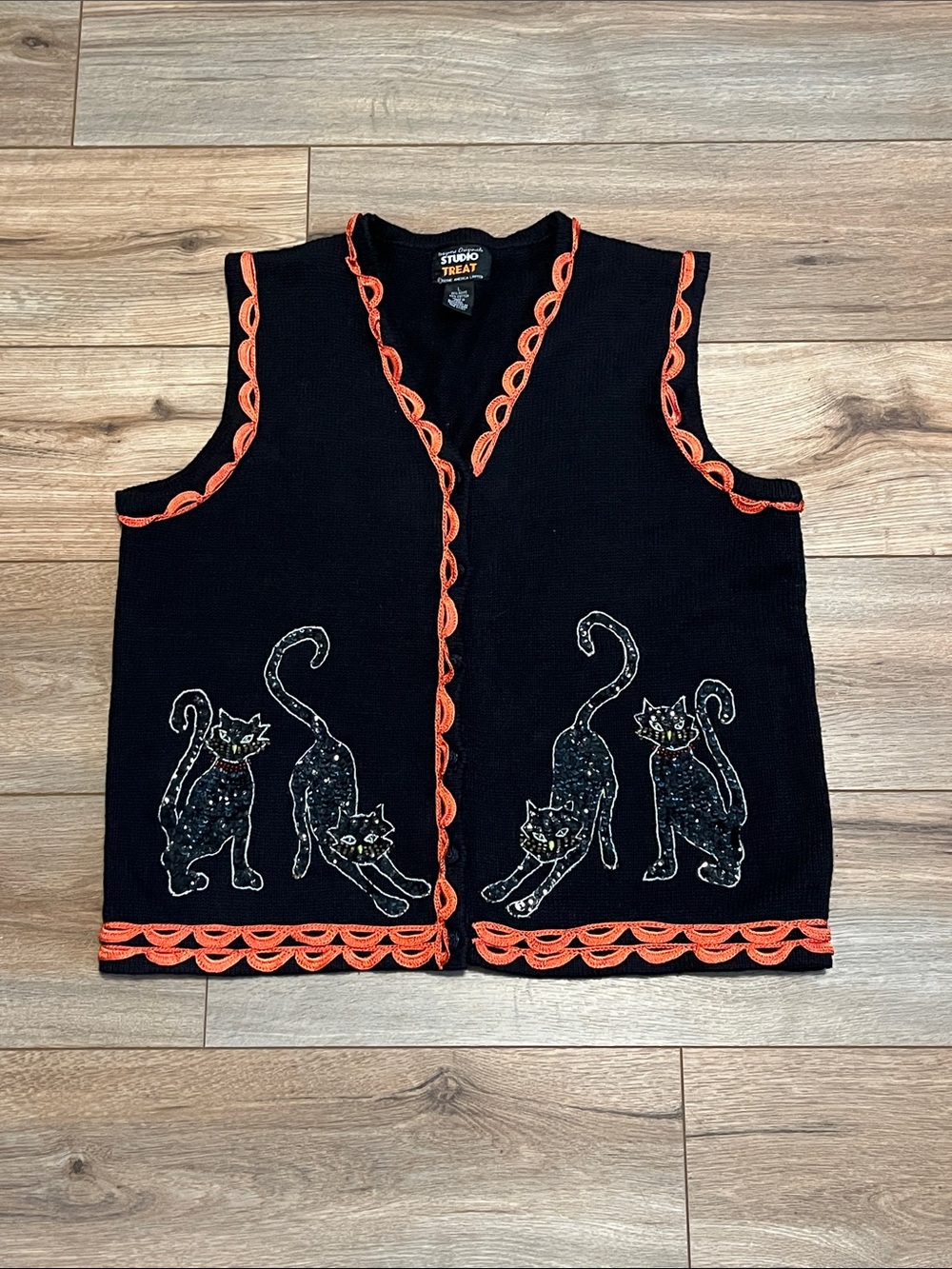 Vintage Studio Treat Sequin Black Cat Halloween Sweater Vest Size Large